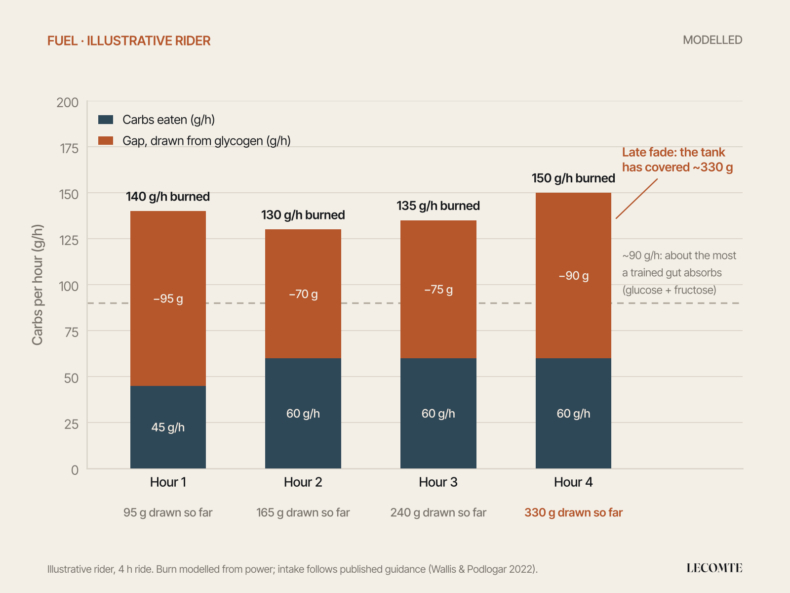 Illustrative bar chart of a 4-hour ride. Each hour the rider burns 130 to 150 grams of carbohydrate but eats only 45 to 60 grams. The gap comes out of glycogen and reaches about 330 grams by hour 4, which is when the late fade sets in.